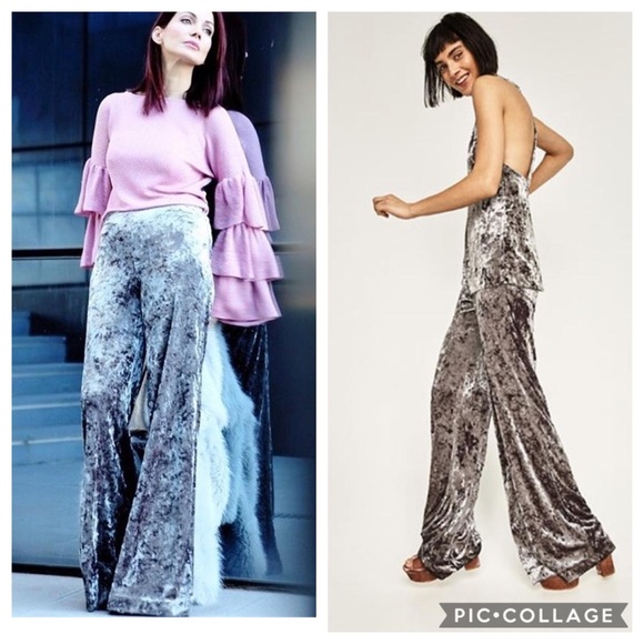 Zara Pants - NWT Zara Silver Crush velvet wide leg flare pants